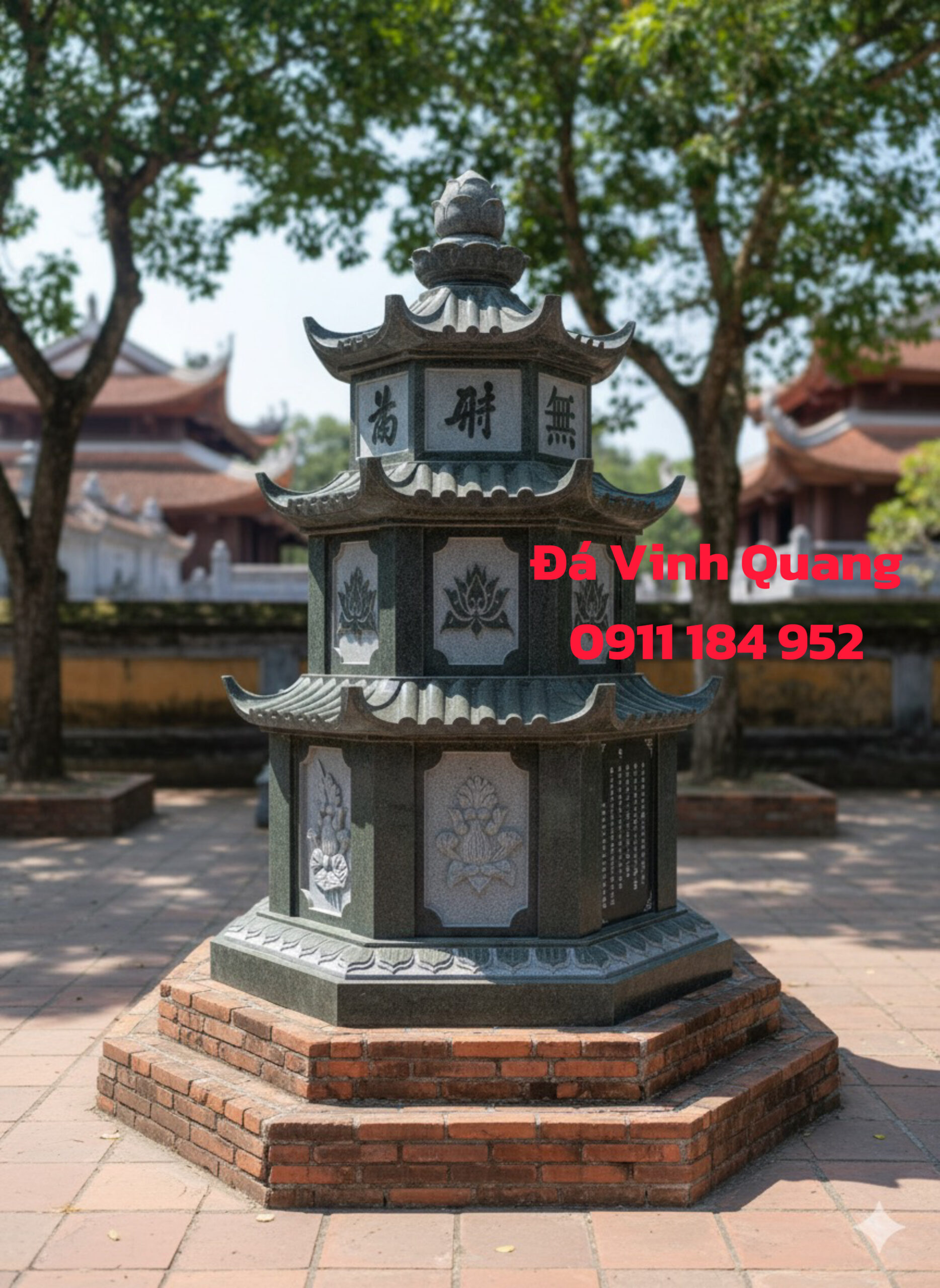 Mộ Tháp Đá Thờ Tro Cốt 3 Tháp đá thờ tro cốt tầng mái cong uy nghi, chạm hoa văn sen