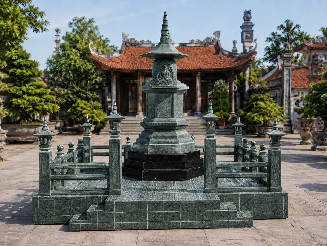 Tháp đá thờ tro cốt dáng Phật giáo mài bóng, không hoa văn, rộng 161cm cao 330cm