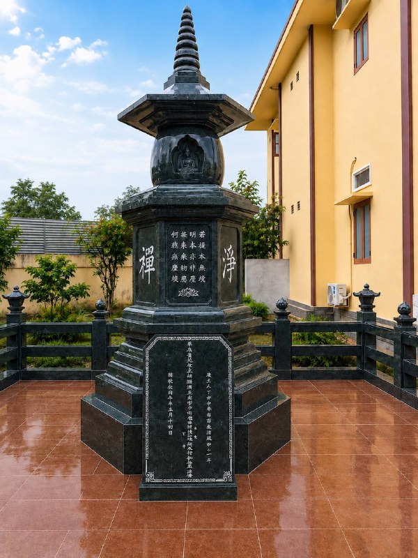 Mộ tháp thờ cốt đá xanh rêu nguyên khối, kích thước 161x161x360 cm