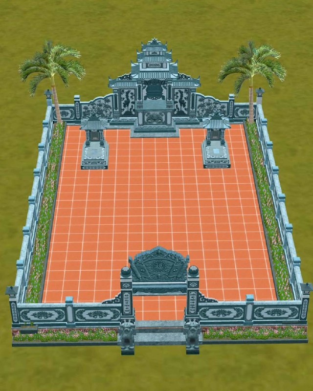 Khuôn viên lăng mộ đá xanh rêu nguyên khối gồm lăng thờ, 2 mộ, lan can, cổng và cuốn thư